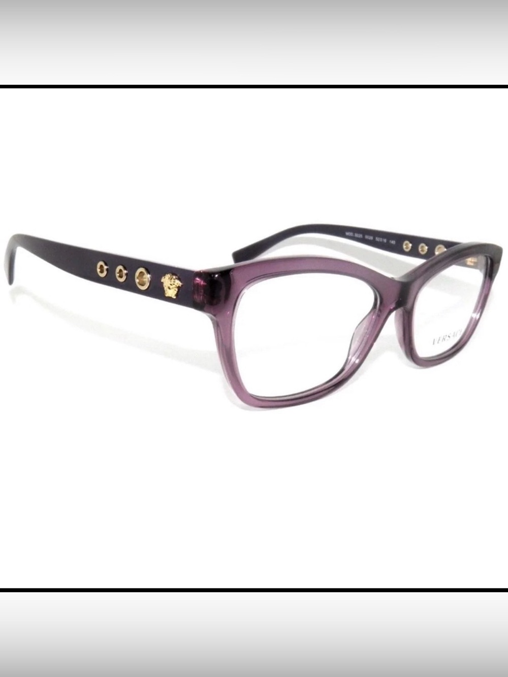Versace Women's Translucent Purple eyeglasses frame, and case.